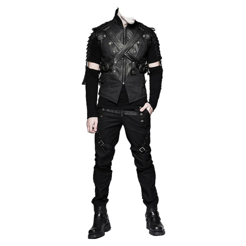 Mens Dieselpunk Military Waistcoat Vest Black Gothic Steampunk Leather 